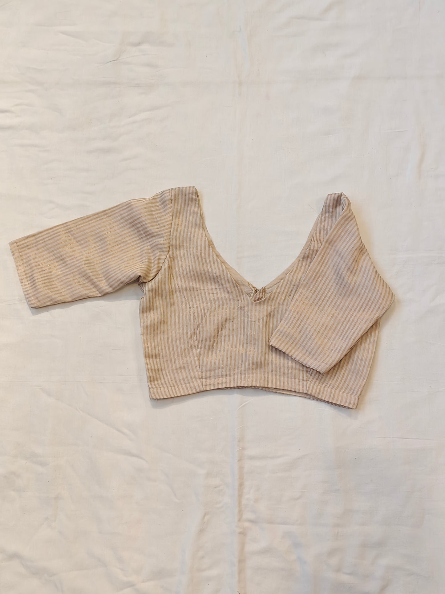 Gold and off white striped elbow sleeves V neck handloom silk tissue blouse