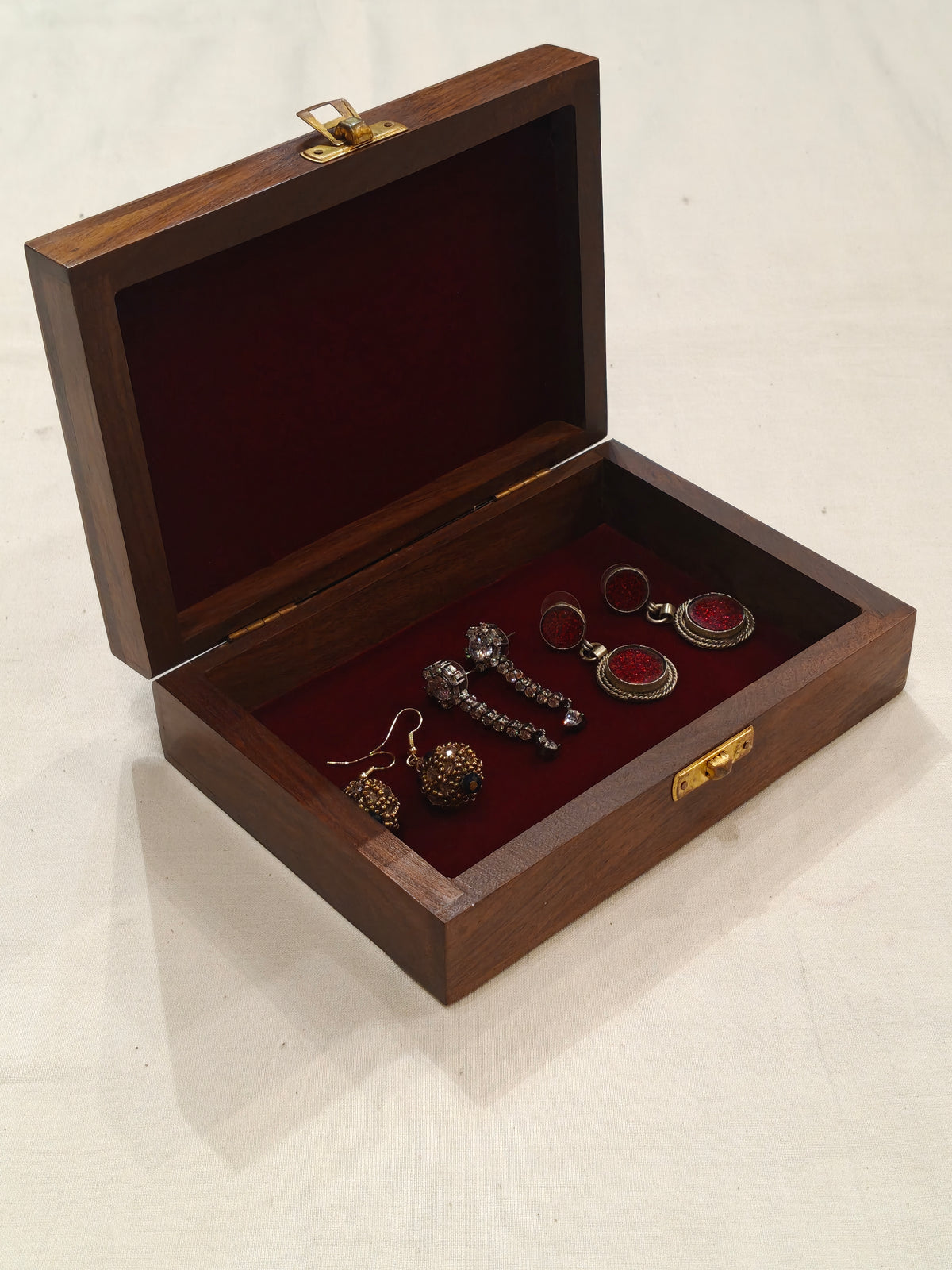 Brass inlay work wooden jewellery box - 7 × 5 × 2 Inches