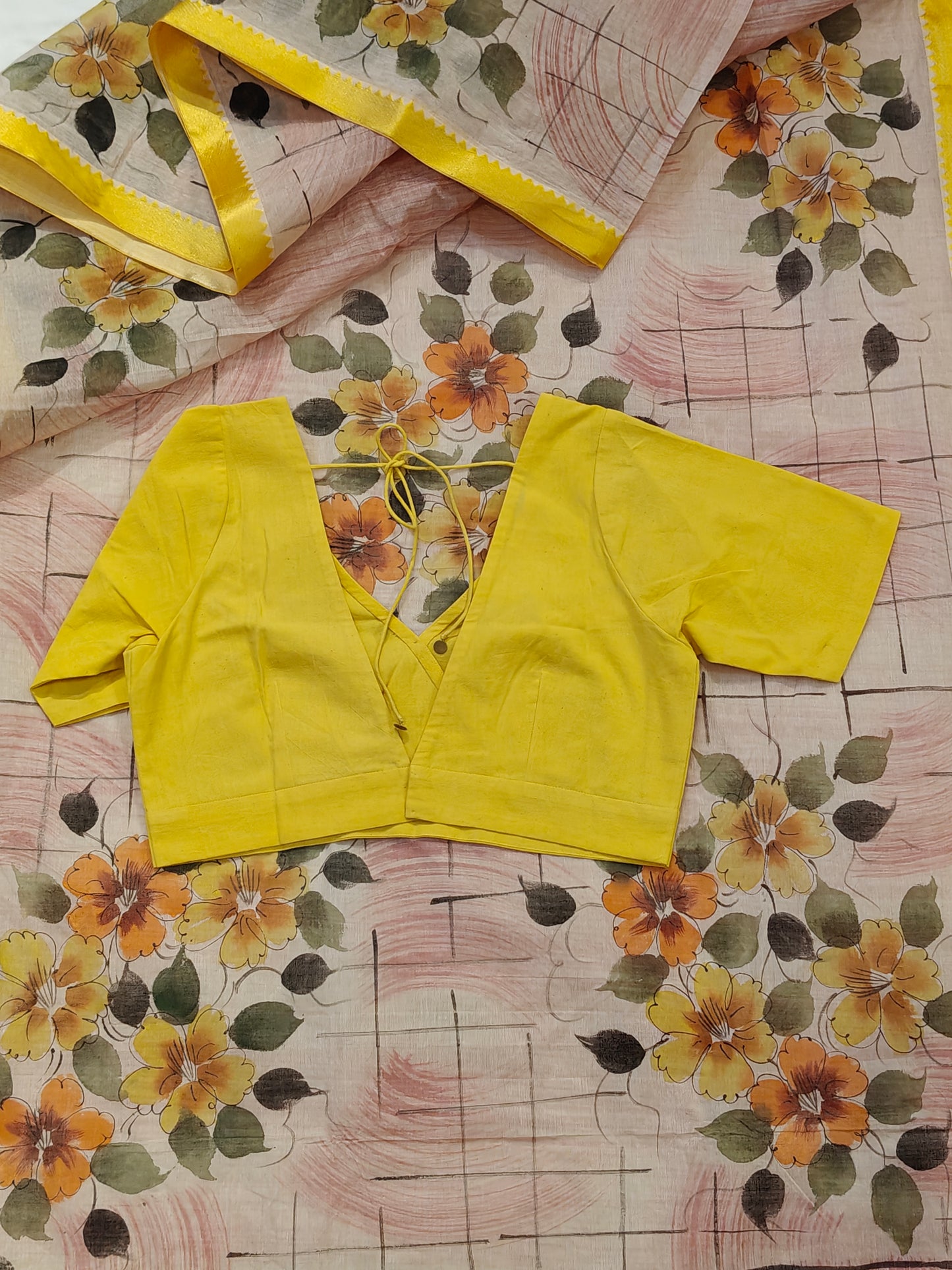 Hand spun , hand woven cotton V-neck blouse with back dori - colour options available