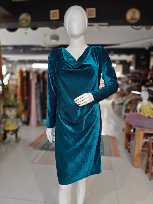 Green velvet cowl neck dress
