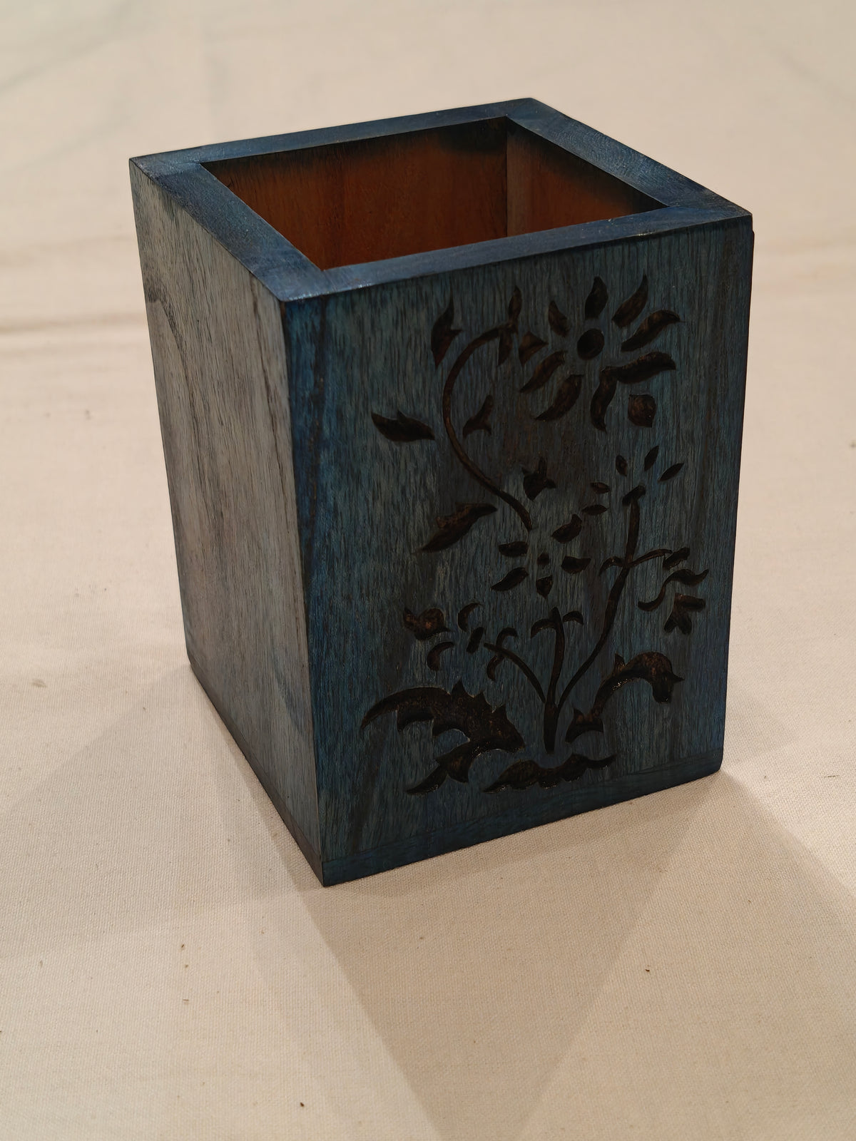 Wooden handcrafted pen stand with carved design on it - available in different colors