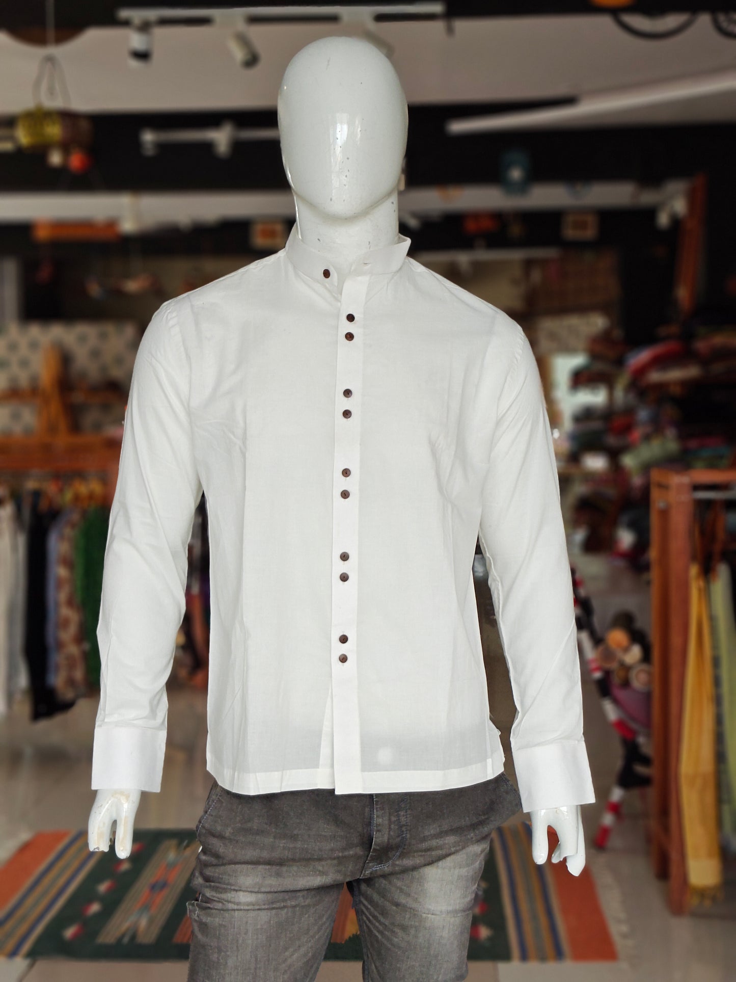 Plain white men's shirt with wooden buttons