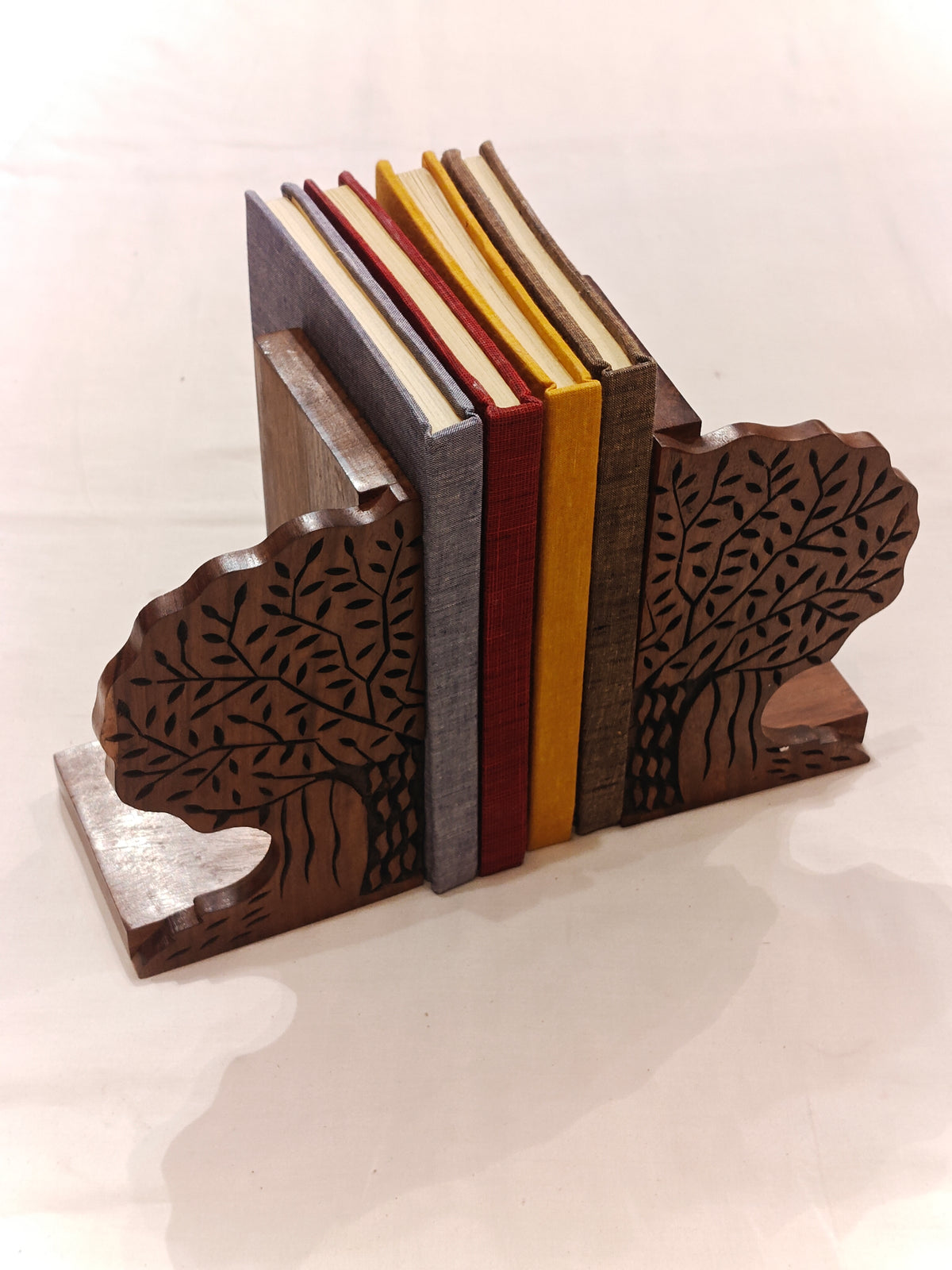 Wooden engraved tree design handcrafted bookends pair