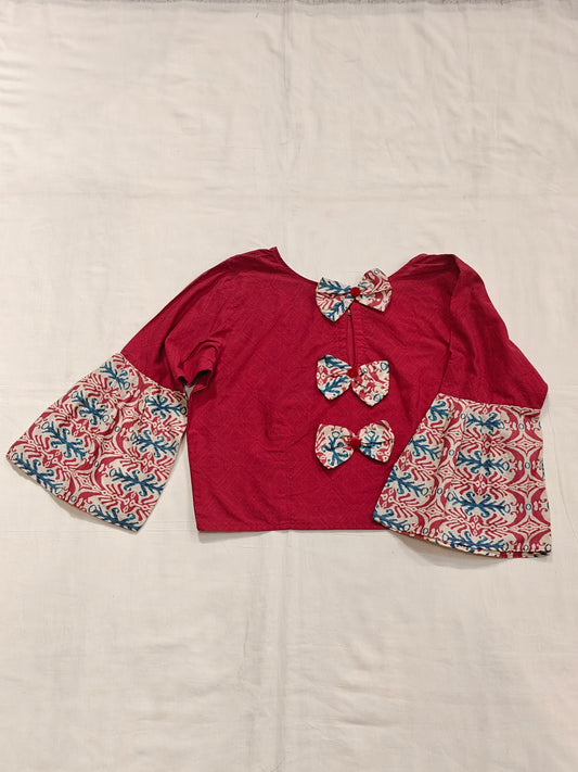 Pink printed flared sleeves cotton blouse with bows