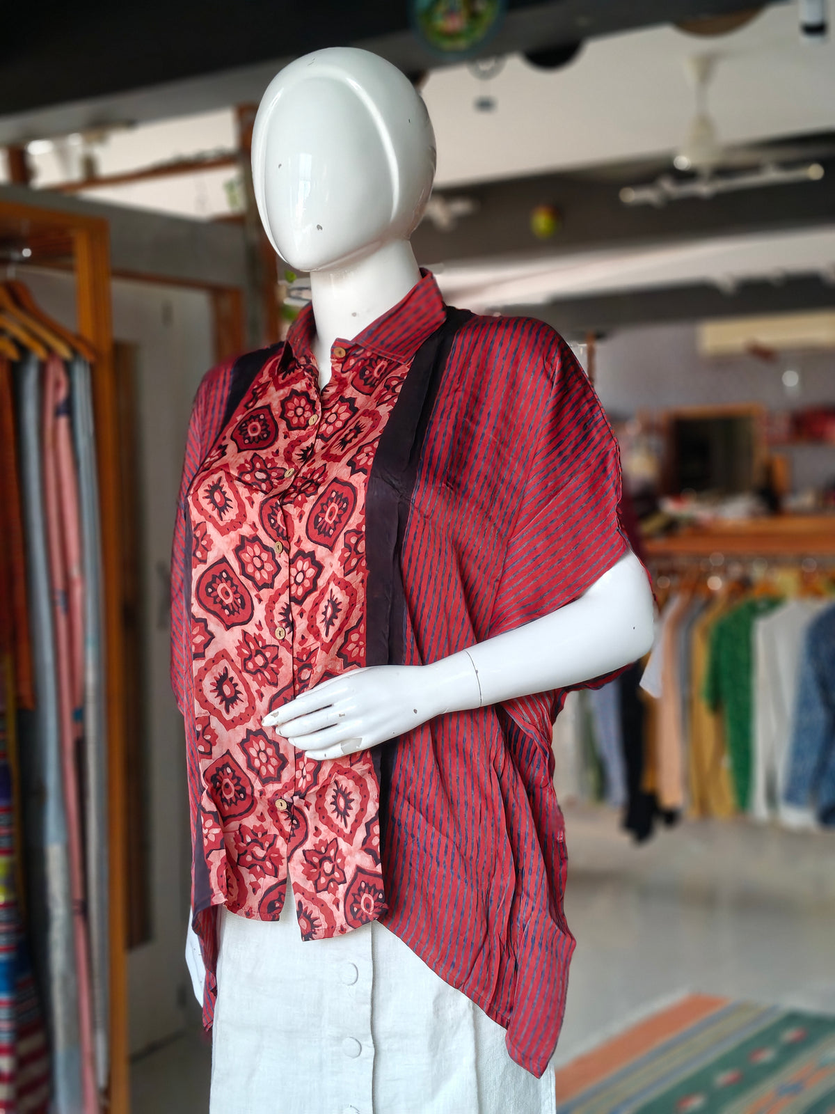 Modal Ajrakh shirt style kaftan top with hand block prints - click to see color options