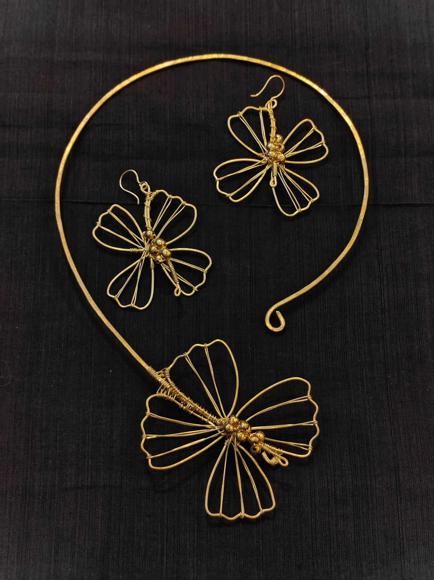 Bow / Butterfly design handcrafted brass neckpiece and earrings set