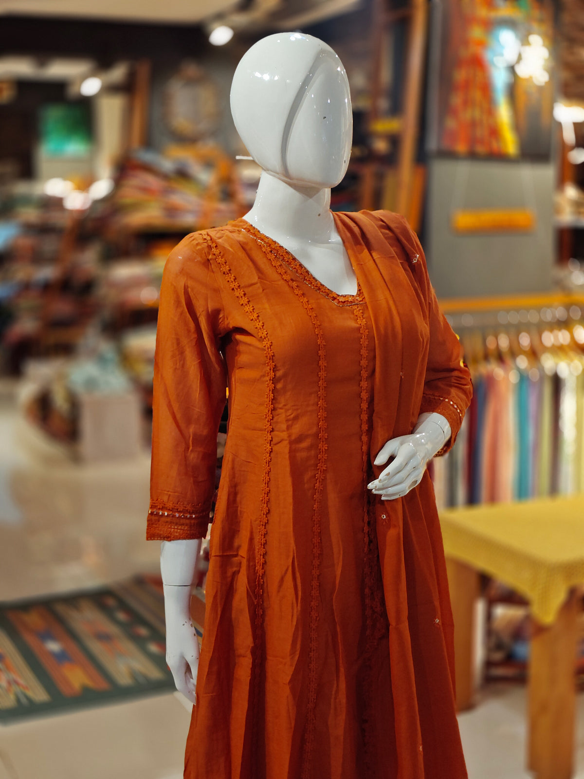 Rust Orange mul chanderi silk 3 piece set: a-line kurti, pants n dupatta