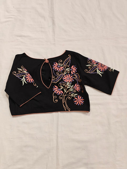 Black cotton blouse with floral embroidery, key hole back