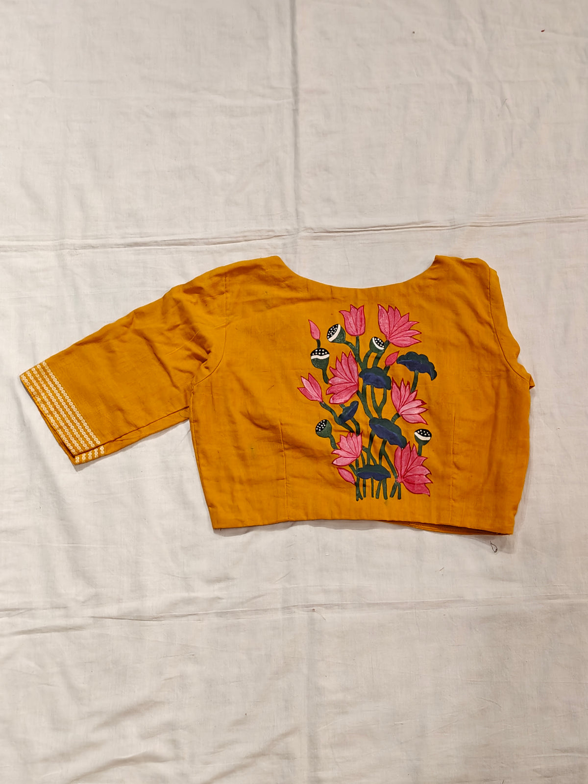 Mango yellow handloom cotton elbow sleeves hand-painted lotuses blouse with borders