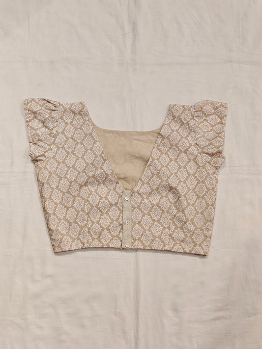 Beige and white prints V-neck silk blouse