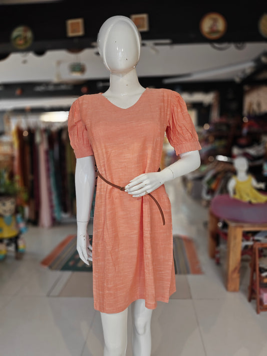 Peach khadi cotton dress with leather waist belt