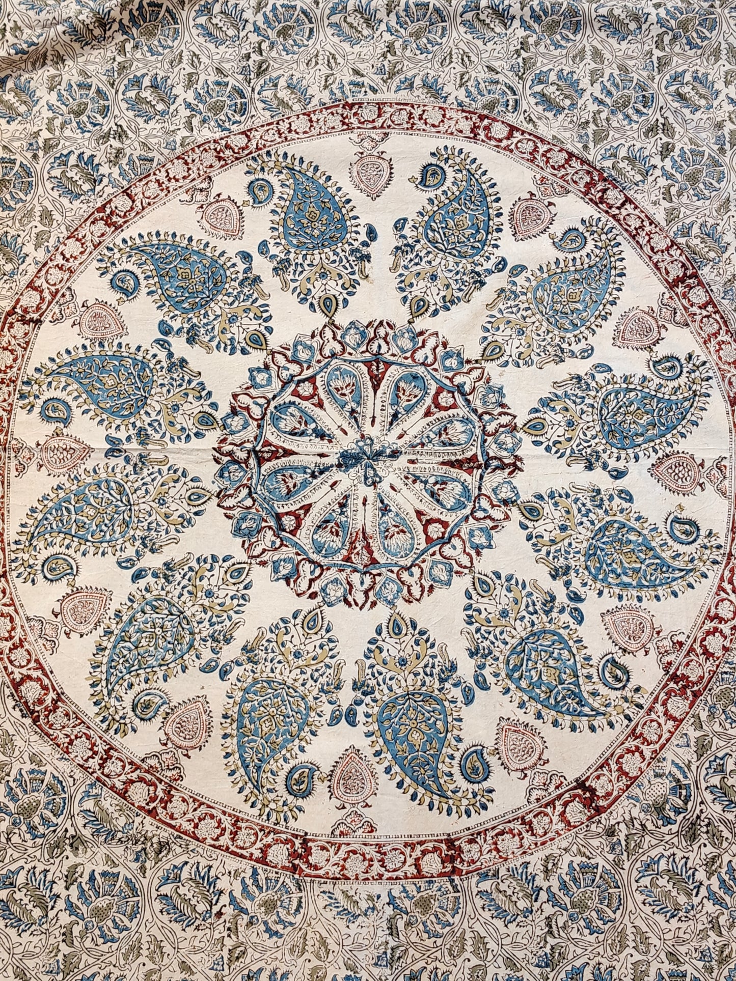 Paisley circle in the center - Kalamkari floral hand block printed single bedsheet with borders and one pillow cover