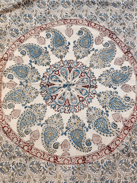 Paisley circle in the center - Kalamkari floral hand block printed single bedsheet with borders and one pillow cover