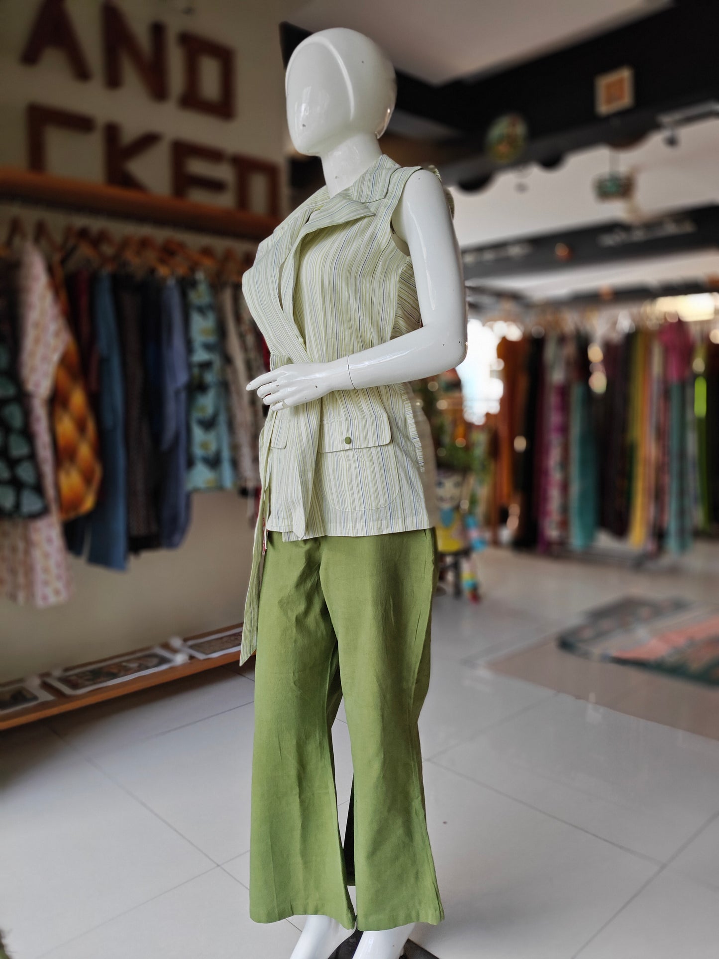 Green, white n blue striped top with plain green pants - handspun, handwoven 2 piece coord set