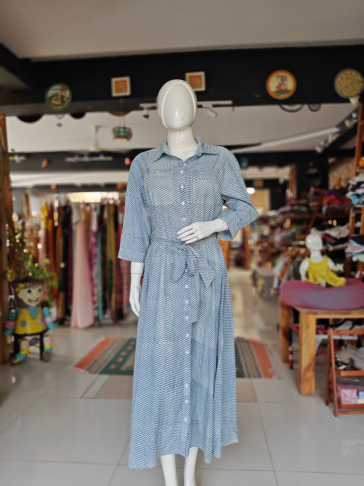 Blue and white checks cotton shirt dress with belted waist and button-down front