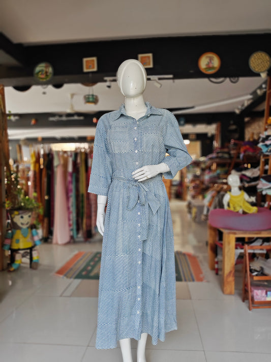 Blue and white checks cotton shirt dress with belted waist and button-down front