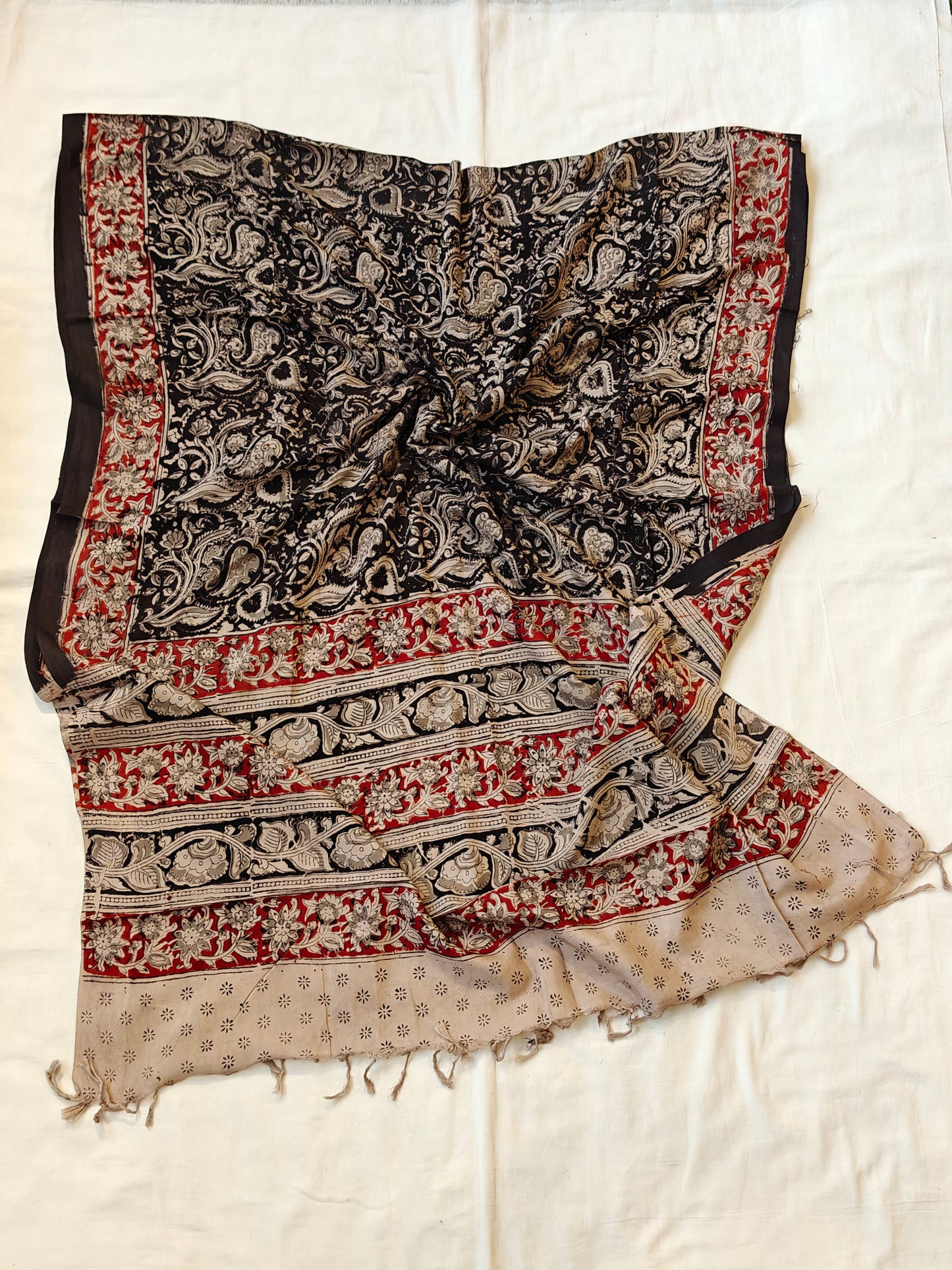 Beige n black Kalamkari floral hand block printed art silk dupatta