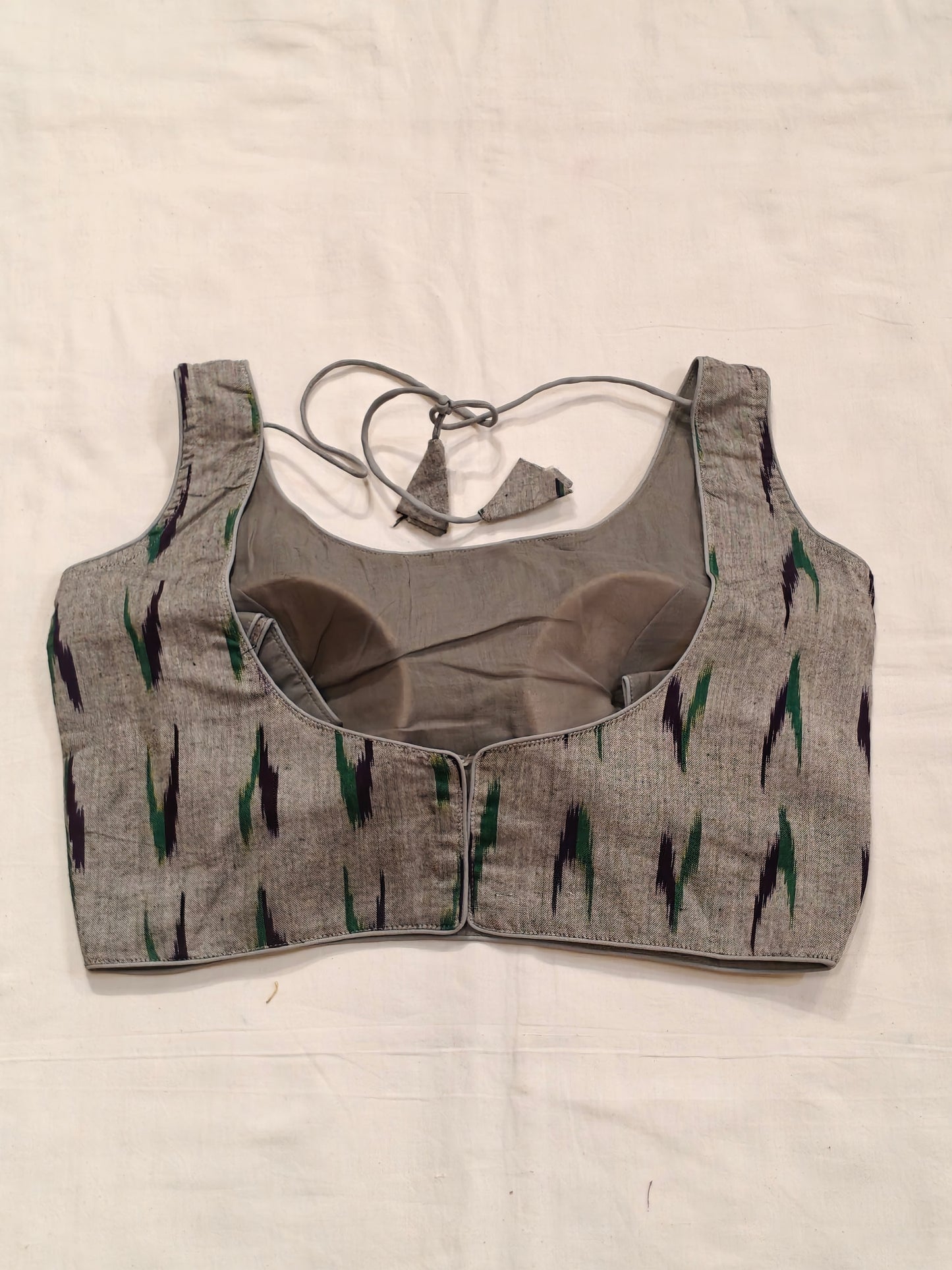 Grey ikat sleeveless cotton padded blouse with low back n dori