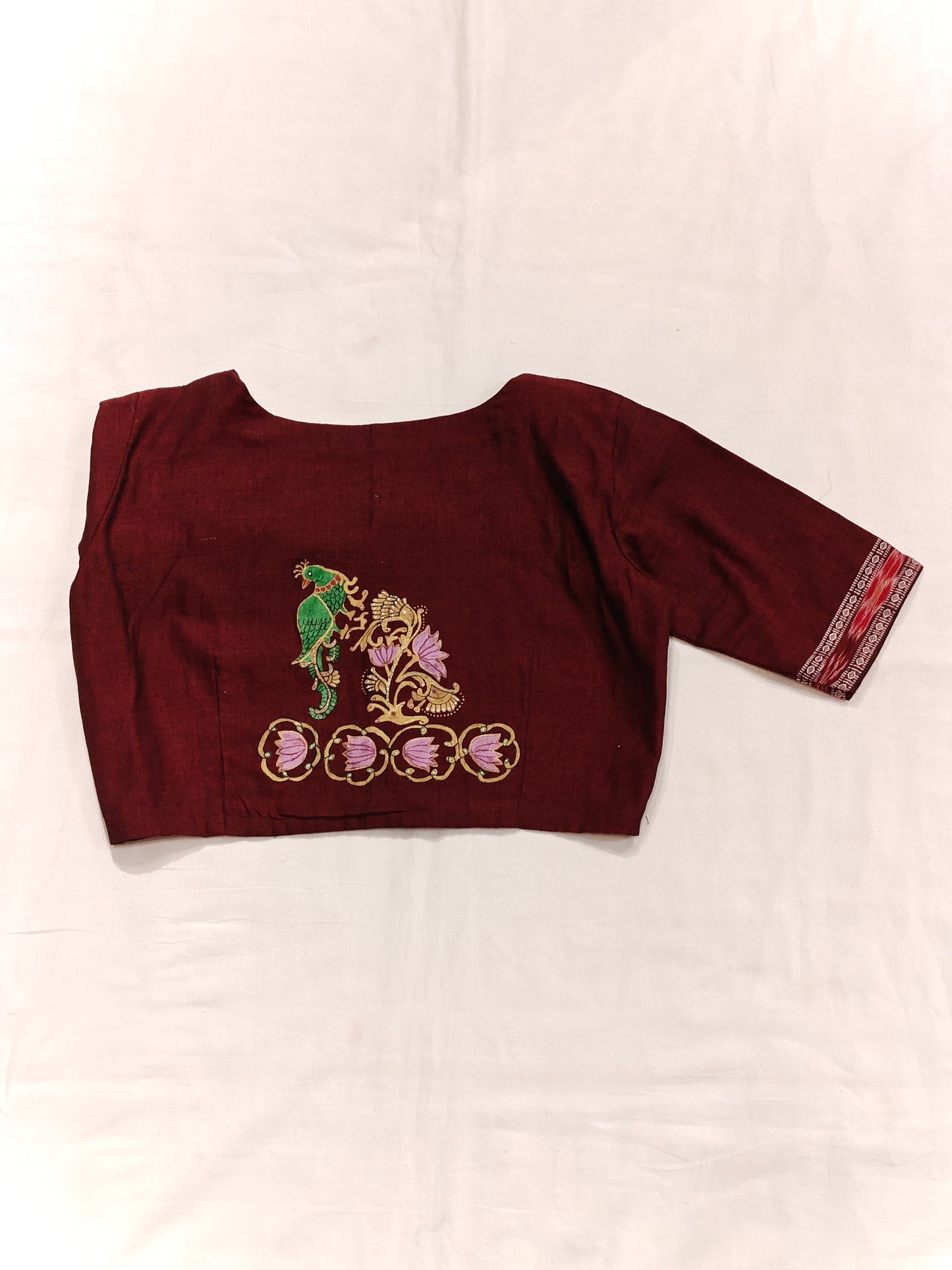 Maroon handloom cotton elbow sleeves hand-painted lotuses and bird blouse with borders