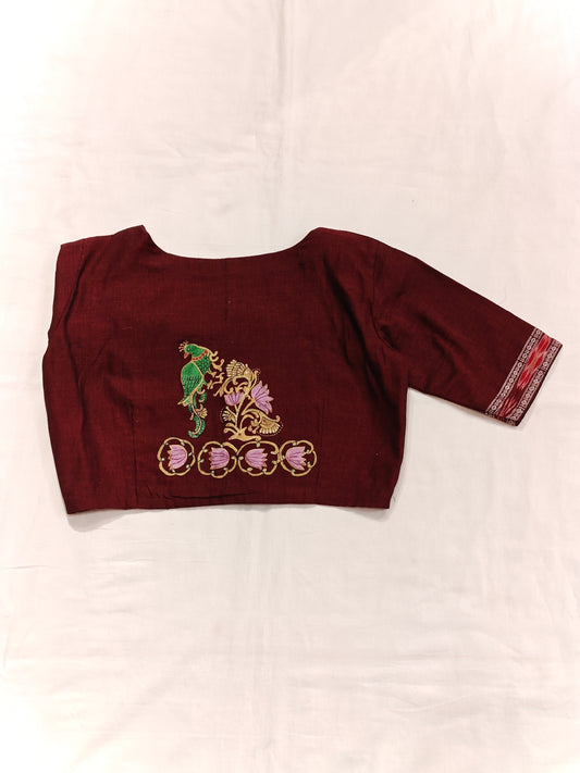 Maroon handloom cotton elbow sleeves hand-painted lotuses and bird blouse with borders