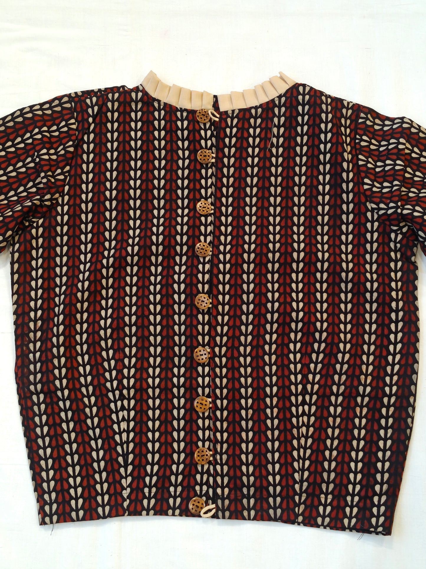 Maroon and black handblock printed cotton crop top blouse with closed neck