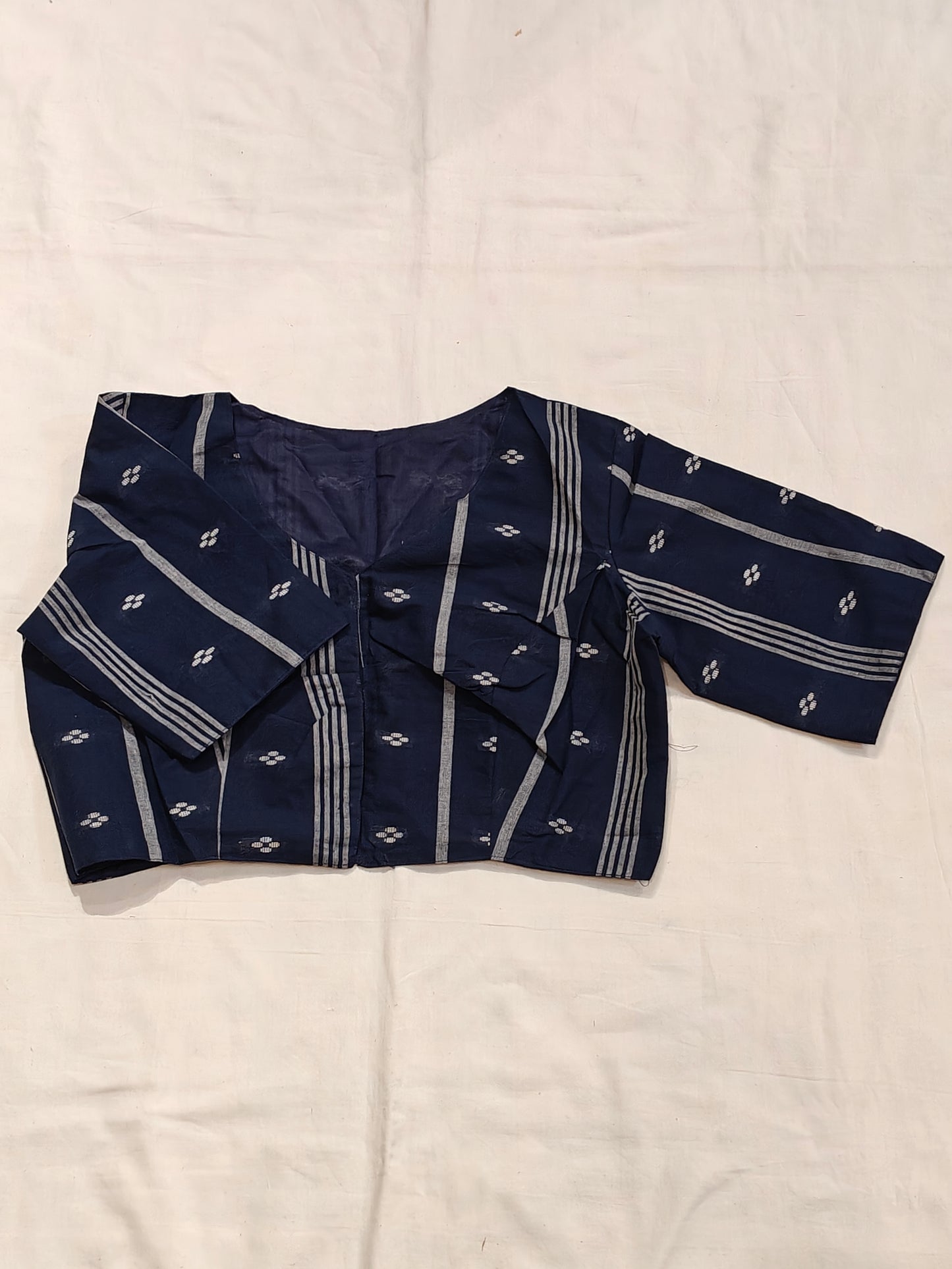 Navy blue and white jamdani elbow sleeved cotton blouse