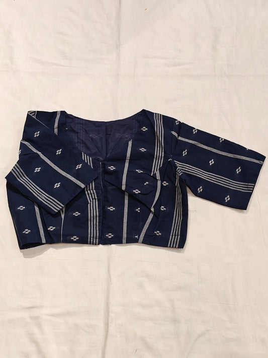 Navy blue and white jamdani elbow sleeved cotton blouse