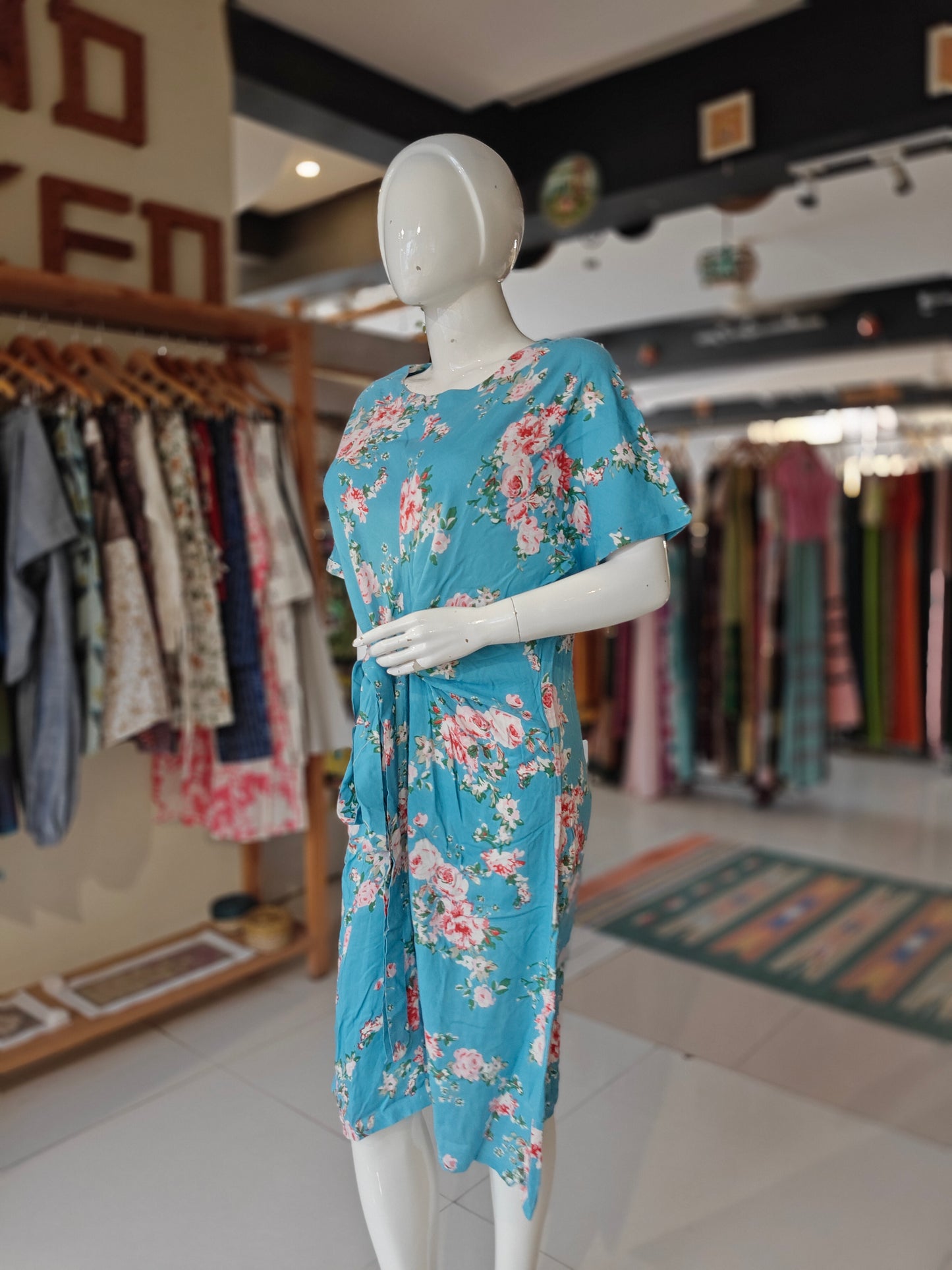 Blue with pink floral printed front tie up rayon dress