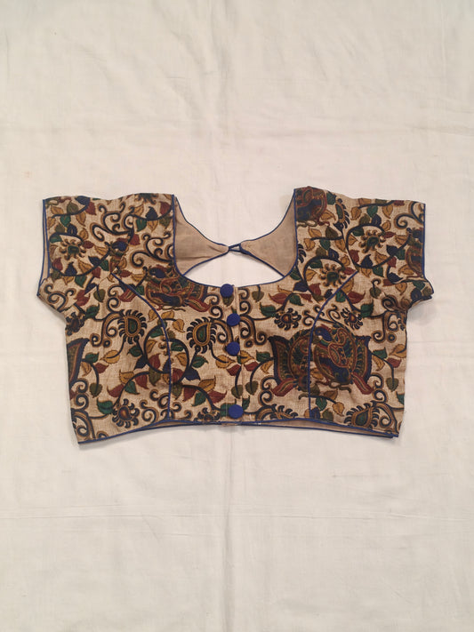 Kalamkari prints with peacock on cream base silk blouse