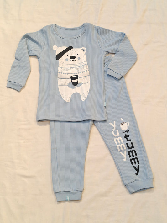 Blue thermal full sleeve top and pant set for kids with bear print