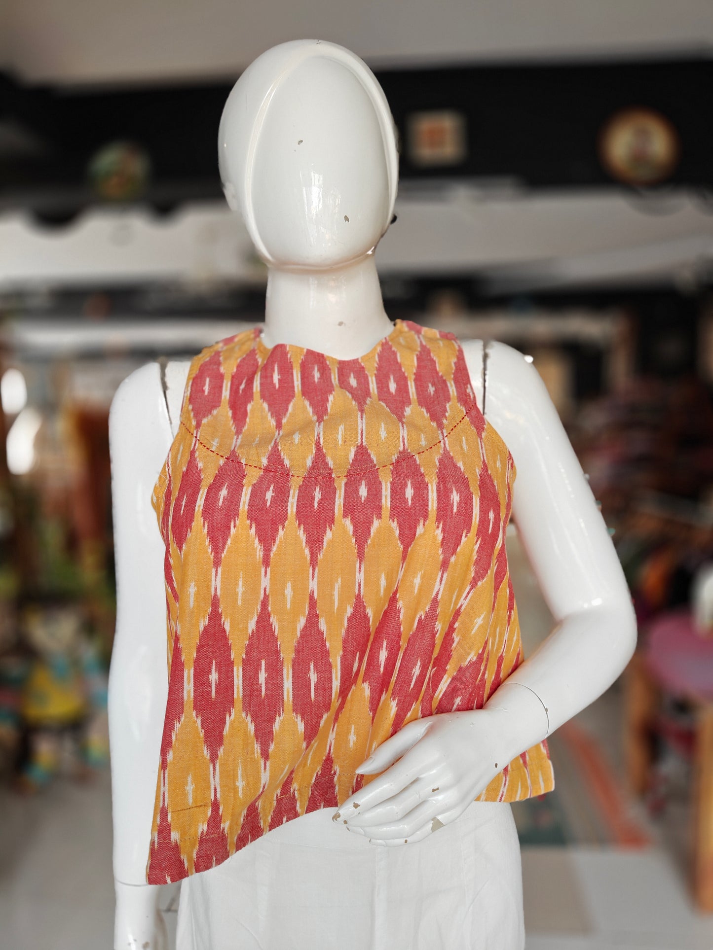 Red n orange ikat printed sleeveless cotton crop top