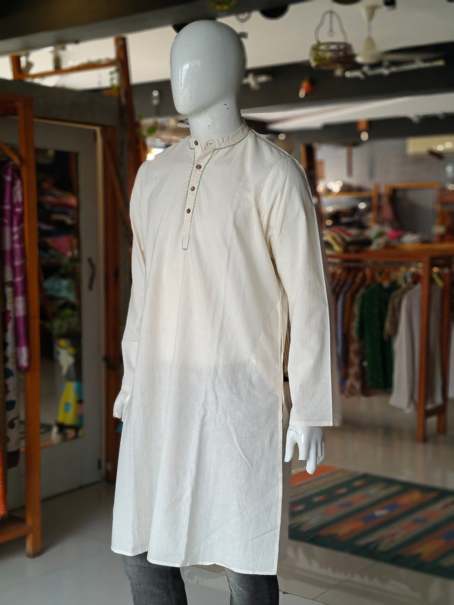 Off white with hand embroidery along button placket cotton full sleeves long kurta for men
