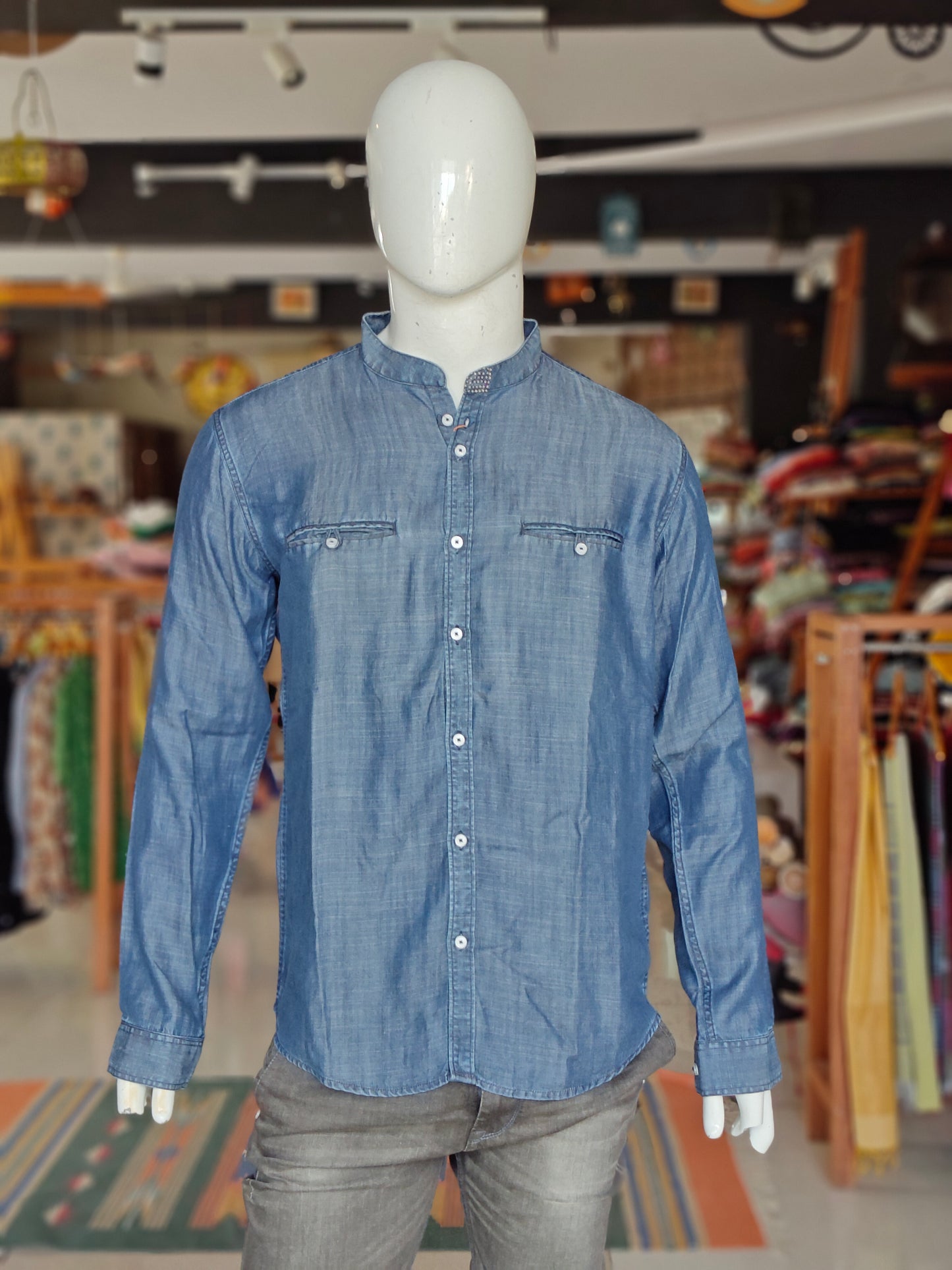 Blue denim cotton men's designer shirt with hand embroidery