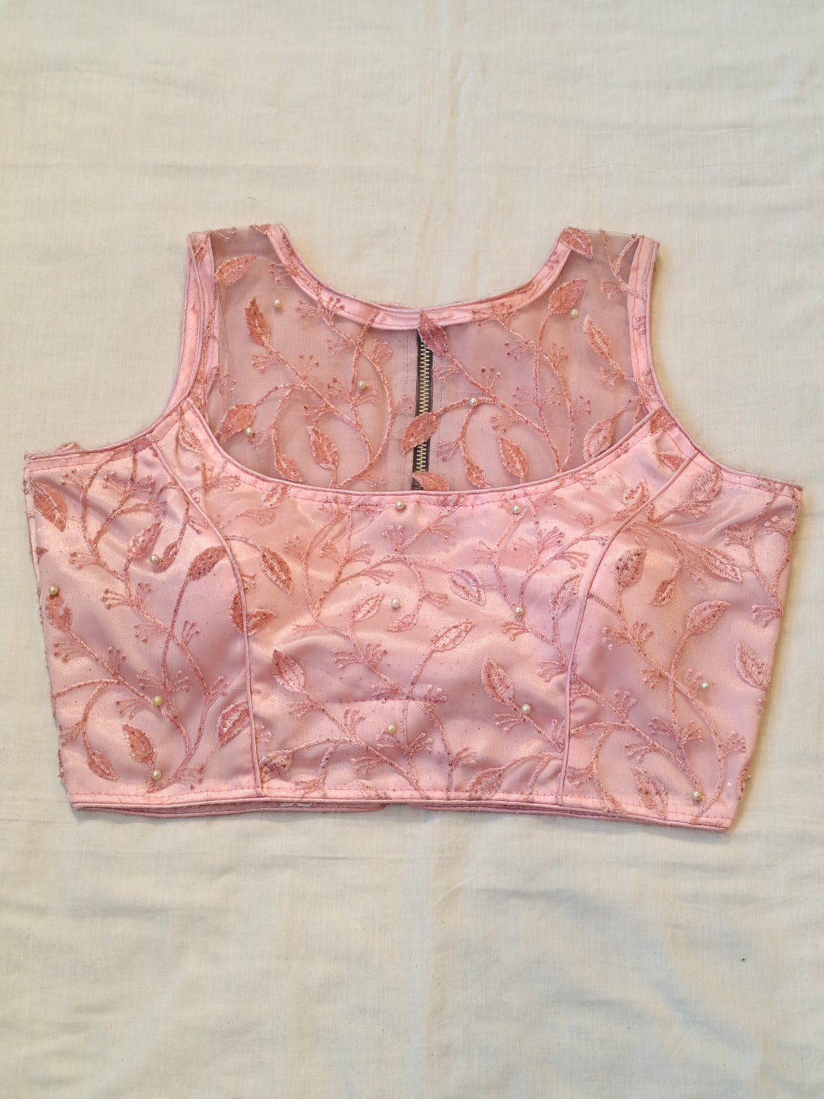 Net embroidered zipper back blouses with leaves and pearls embroidery - color options available