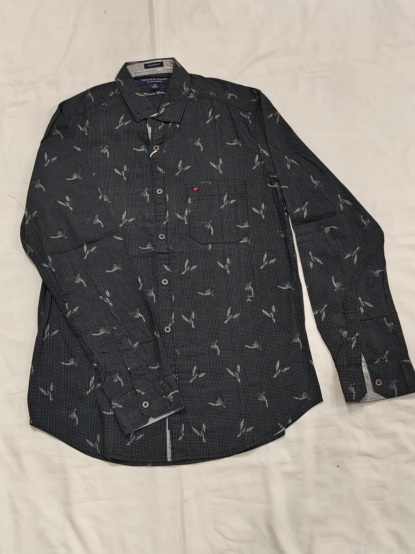Black checks and leaves printed cotton shirt for men