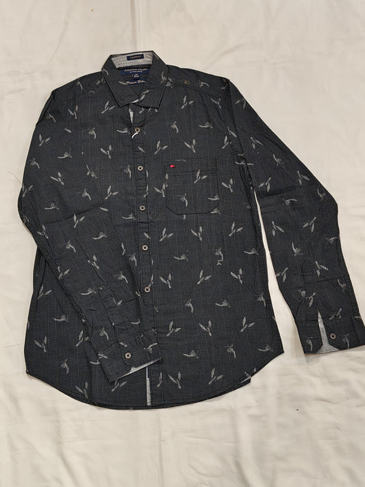 Black checks and leaves printed cotton shirt for men