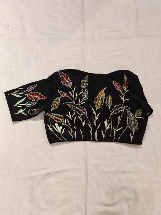 Black ajrakh patched leaves embroidered handloom cotton blouse