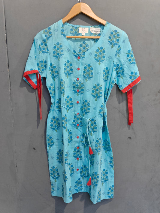Blue floral handblock printed dress with red trims