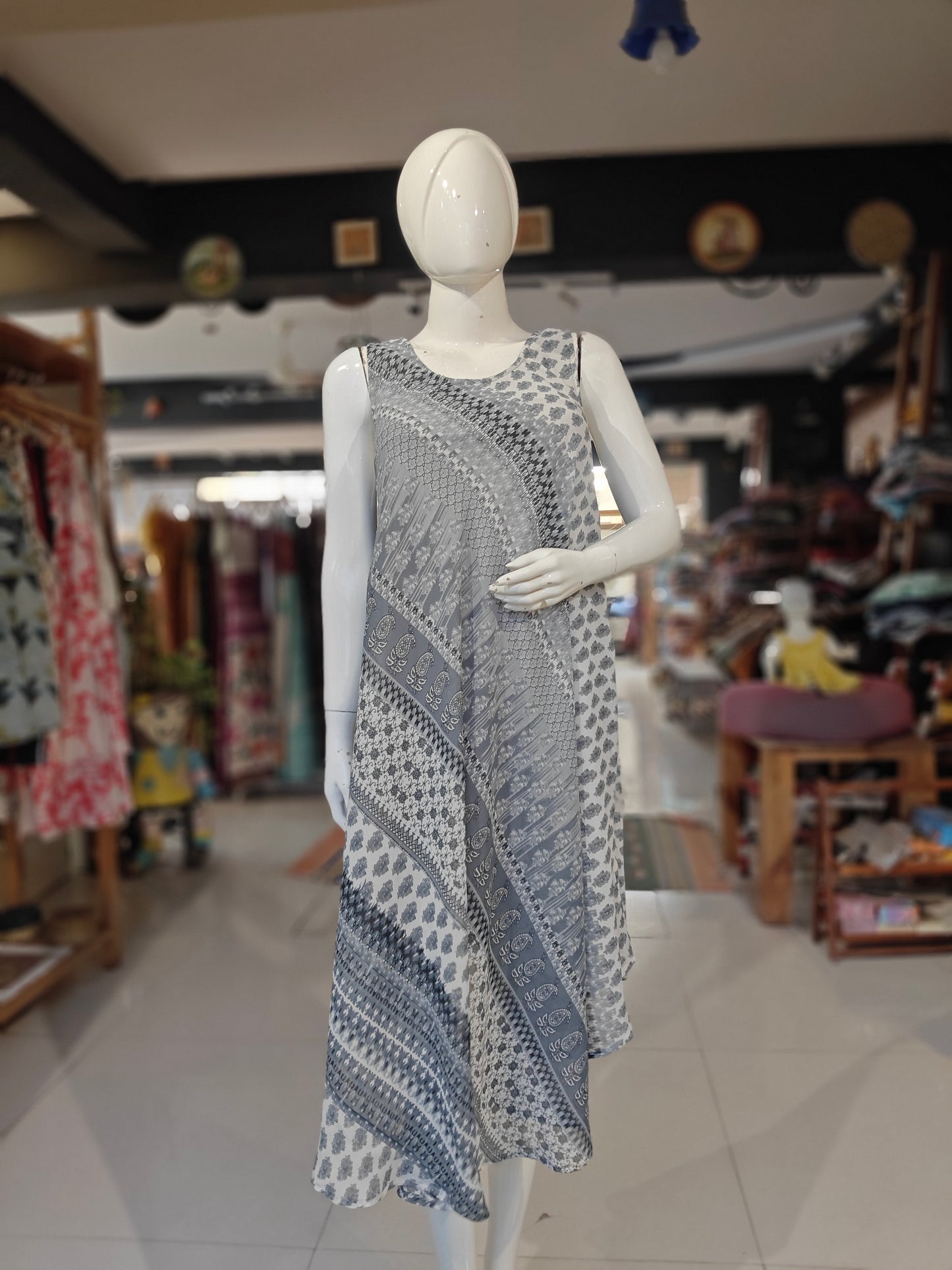 Grey and white patterned umbrella cut georgette dress