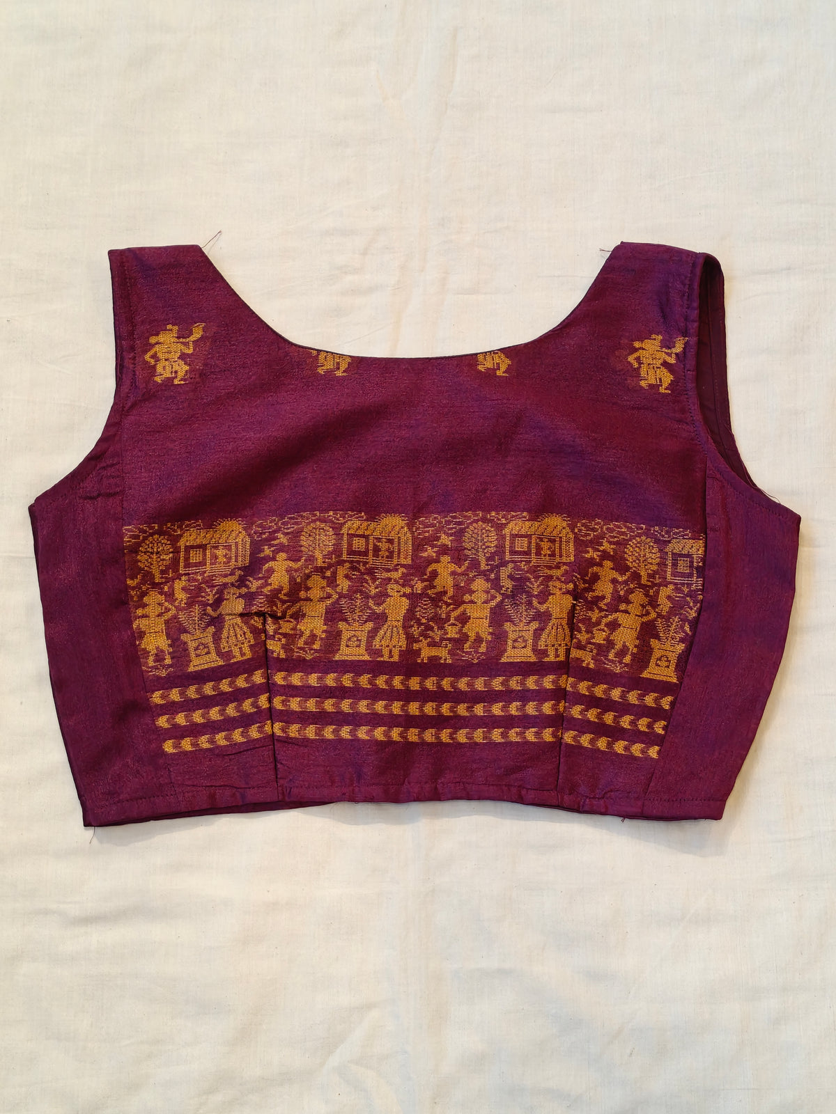 Purple handwoven raw silk sleeveless blouse with golden village motifs