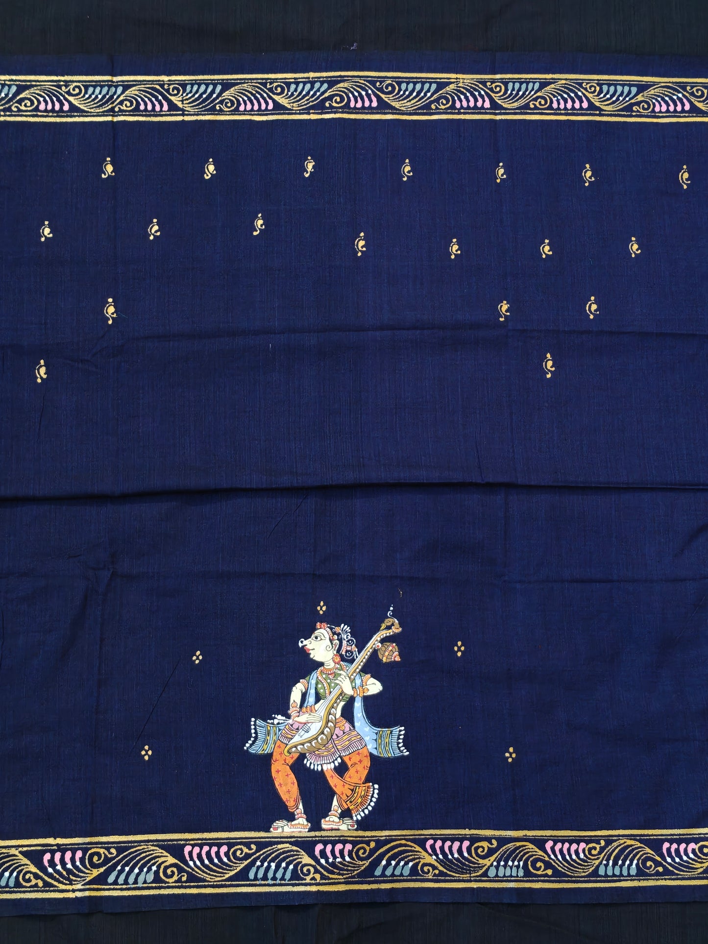 Patachitra hand-painted unstitched blouse piece with back and sleeves design - Handwoven cotton base