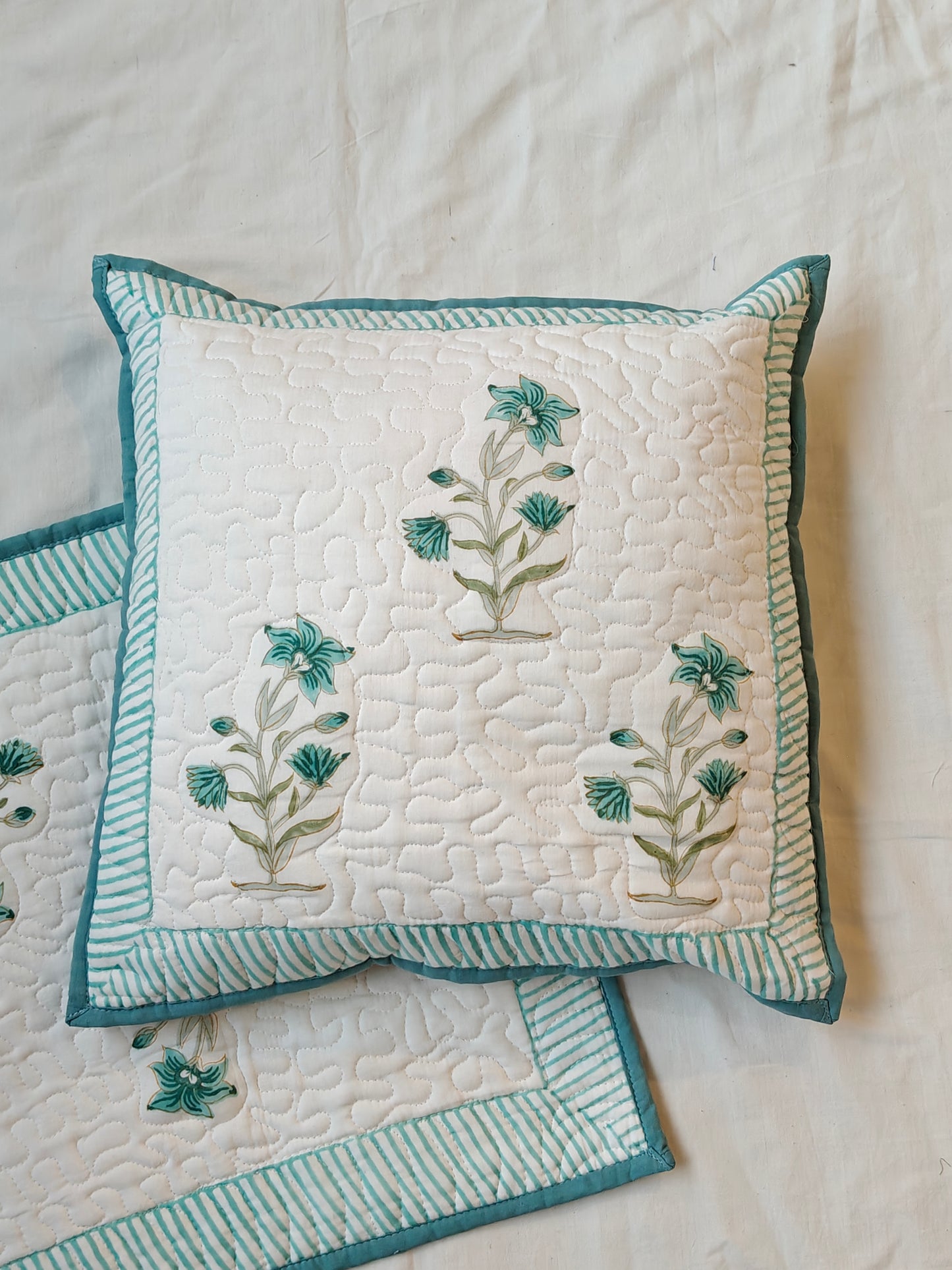 Hand block printed quilted 16 x 16 inch cotton cushion cover - single - multiple designs available
