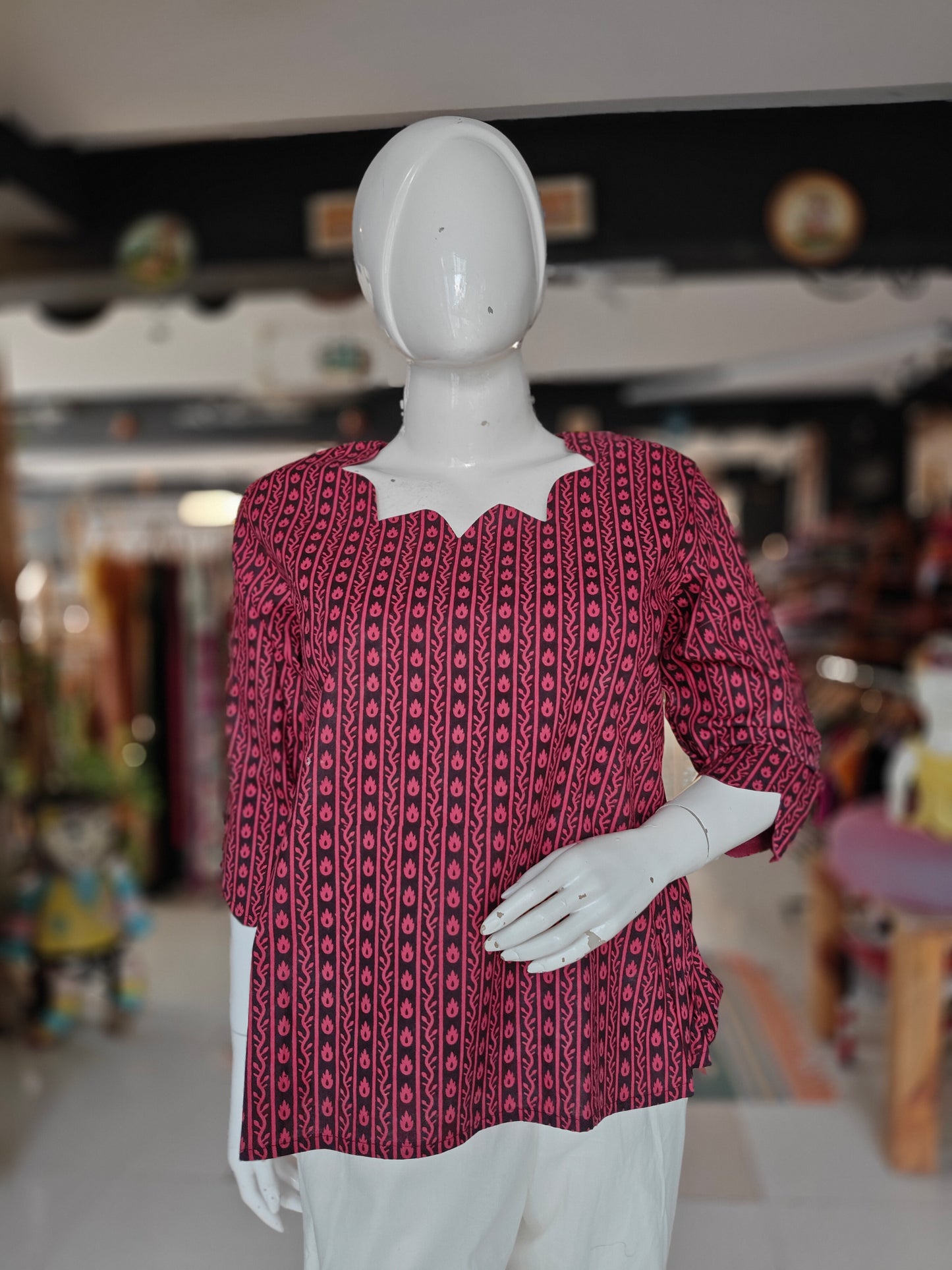 Pink and black hand block printed short kurti with fancy neckline