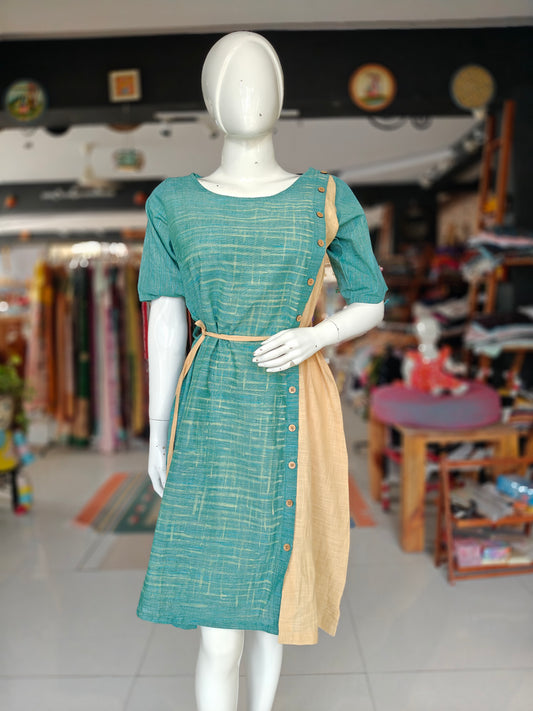 Green and beige cotton A-line dress with buttons and belt
