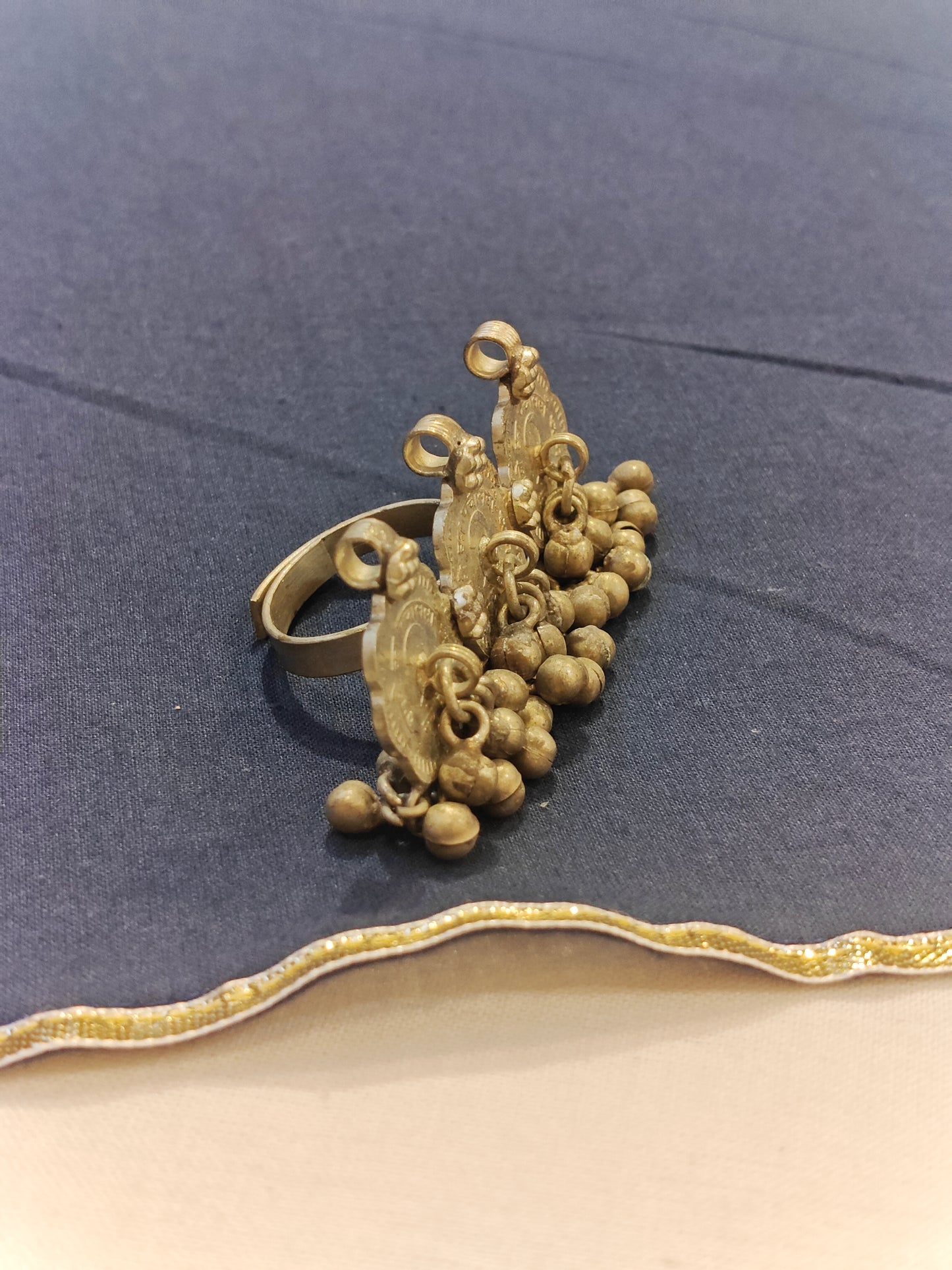 Three 2 paise coins in a row with ghungroos handcrafted finger ring
