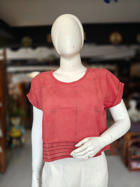 Red cotton top with kantha embroidery on hem and sleeves