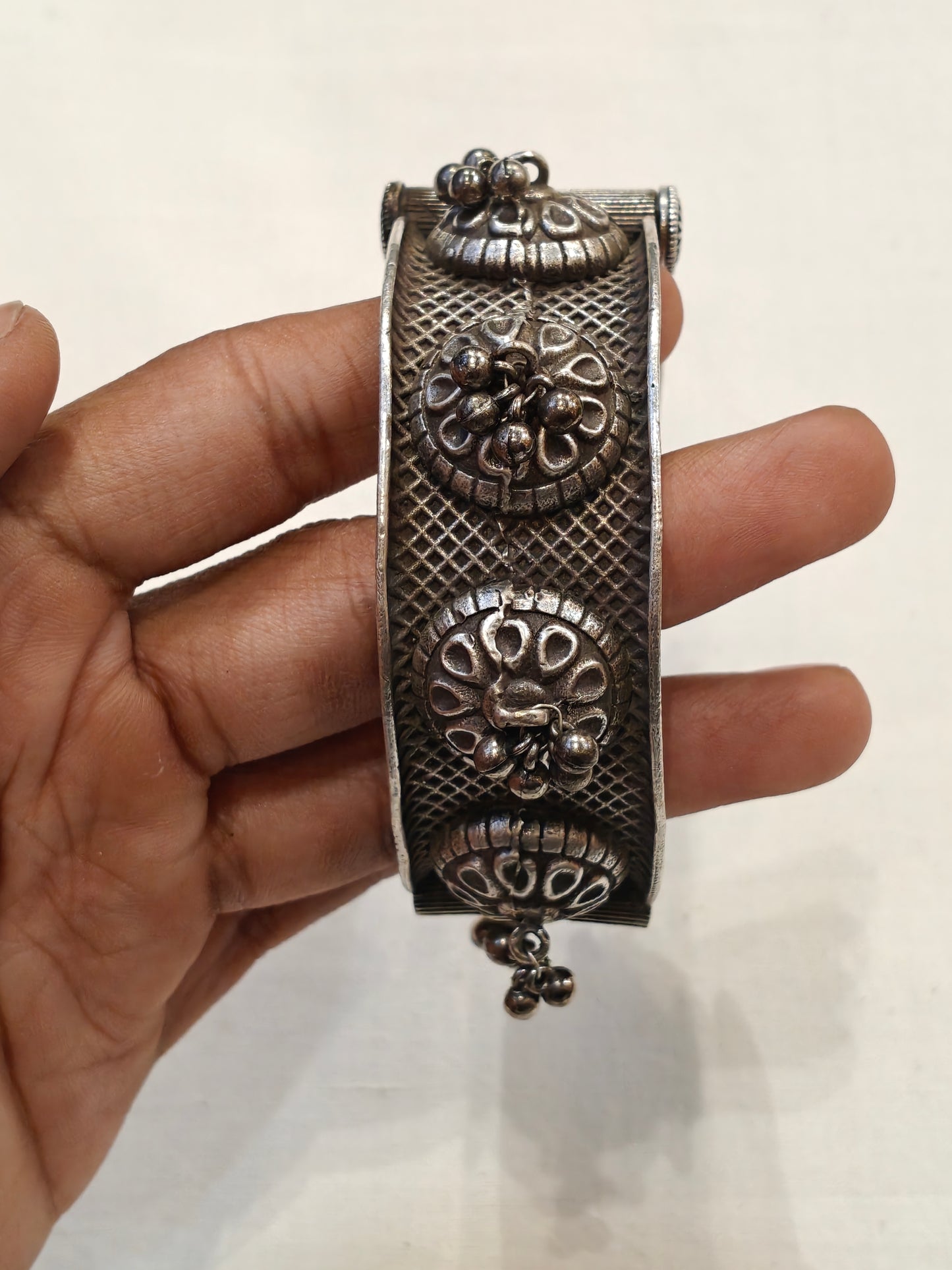 Silver oxidised look openable bangle kada with ghungroo