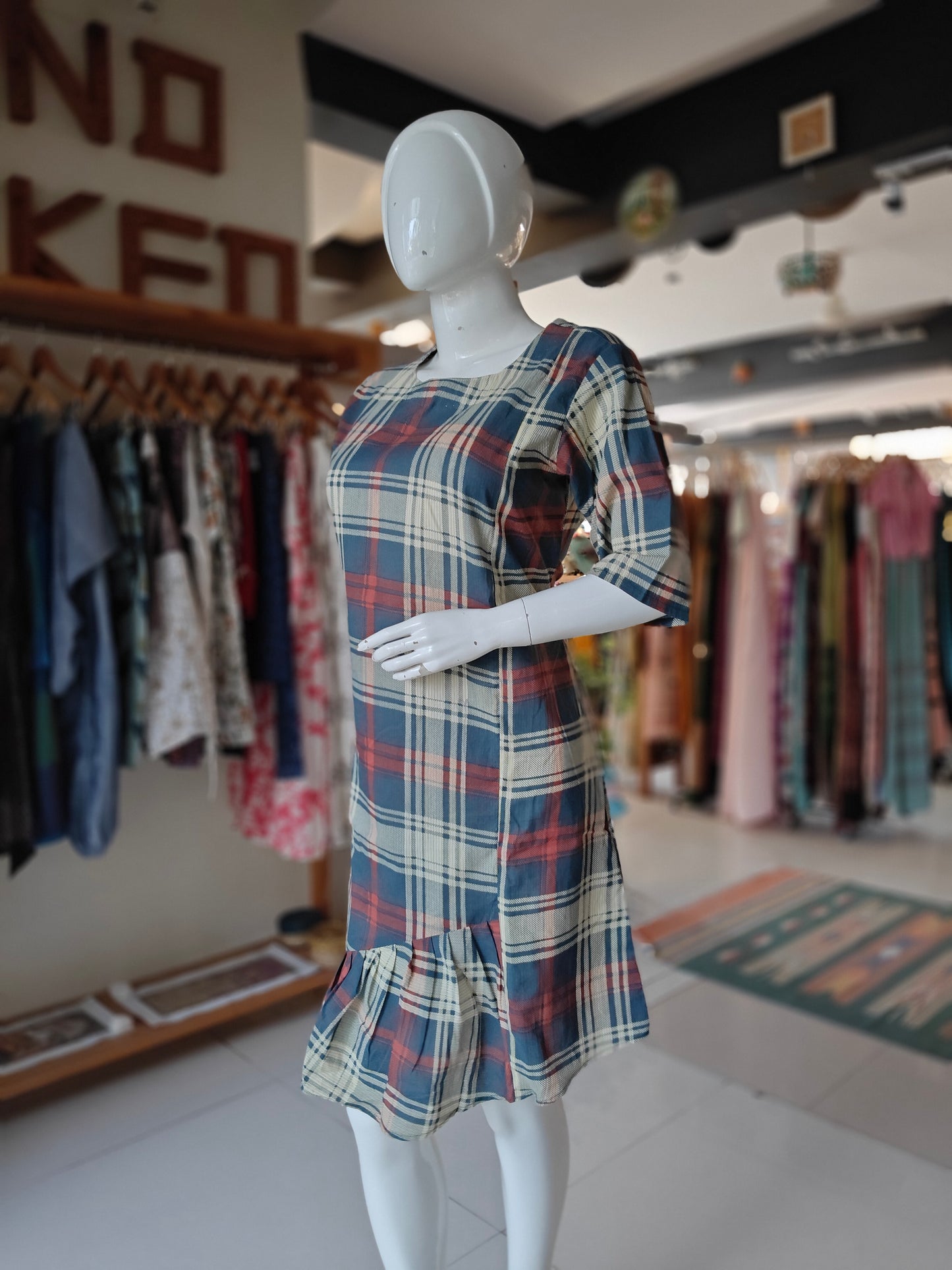 Yellow, red and blue checkered cotton dress with tiered hem