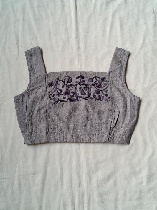 Purplish Grey sleeveless with floral aari embroidery cotton blouse