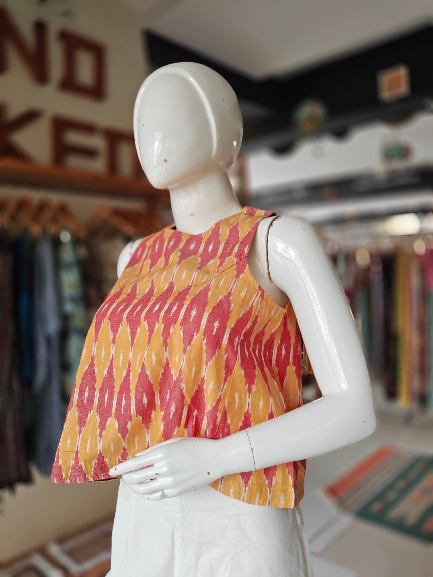 Red n orange ikat printed sleeveless cotton crop top